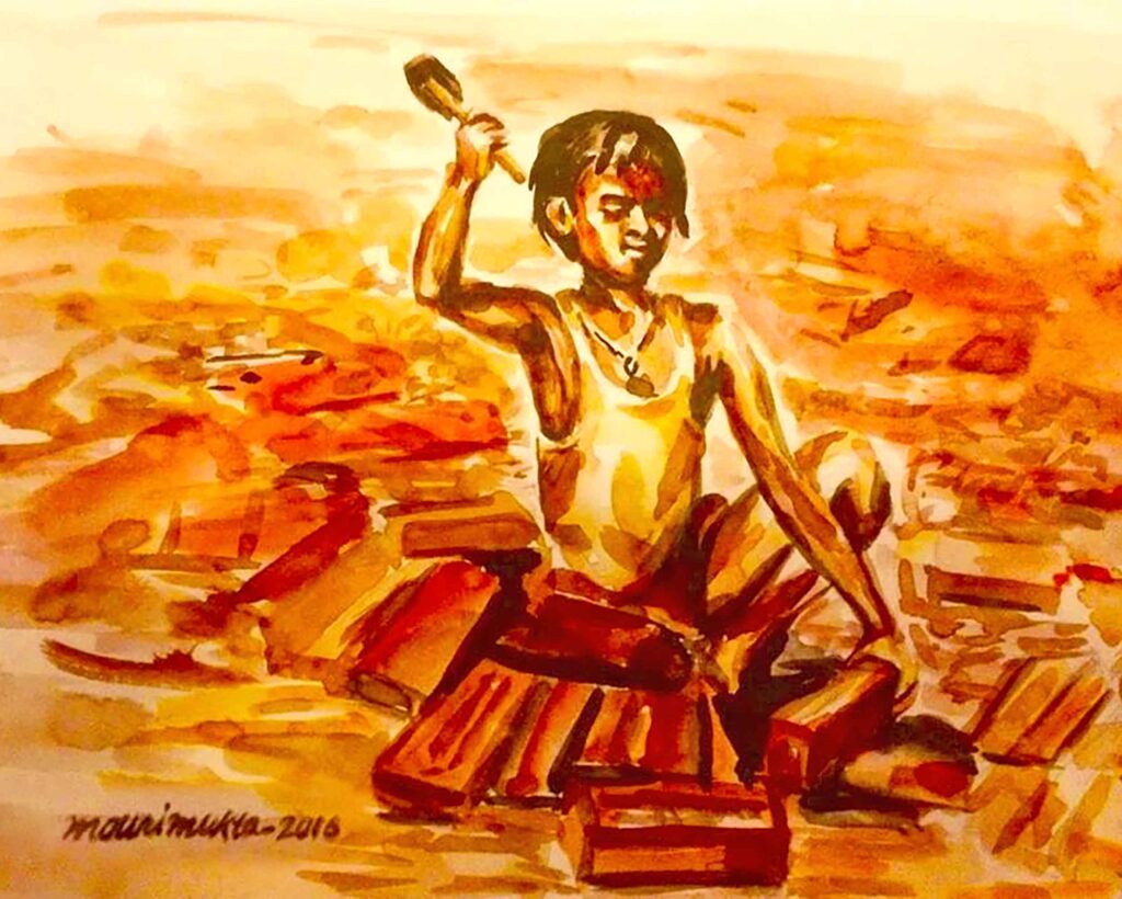 Painting in a paper with watercolor about symbol of a needy childhood